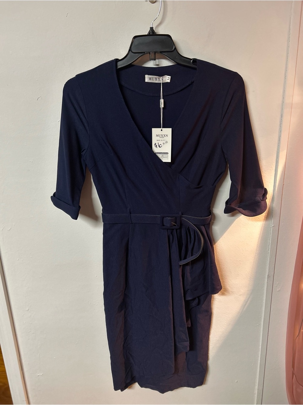 MUXXN Navy Blue Wrap-Style Belted Dress